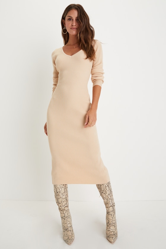 Beige Midi Dress - Bodycon Midi Dress - Ribbed Knit Midi Dress - Lulus