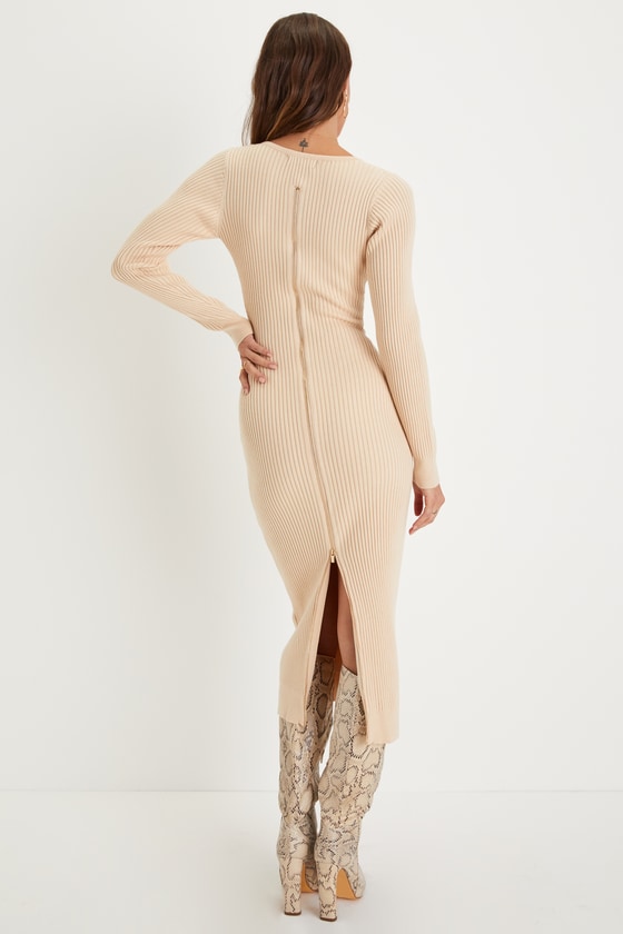 Beige Midi Dress - Bodycon Midi Dress - Ribbed Knit Midi Dress - Lulus
