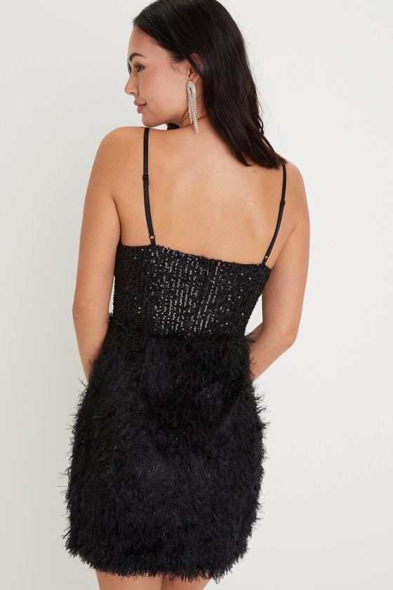 Flirty Black Sequin Dress - Feather Dress - Bustier Mini Dress - Lulus