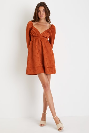 Exceptional Design Rust Orange Pleated Tie-Back Mini Dress 1