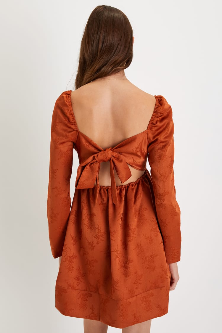 Exceptional Design Rust Orange Pleated Tie-Back Mini Dress