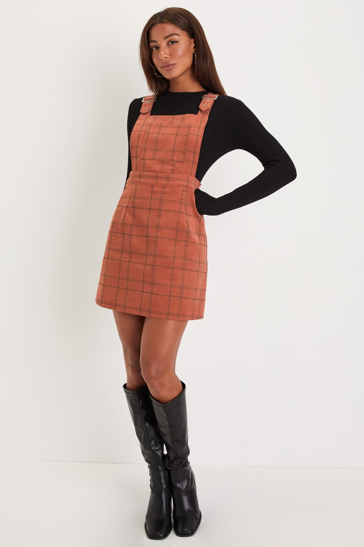 Rust Orange Plaid Dress - Corduroy Dress - Overall Mini Dress - Lulus Rust Orange Plaid Dress - Corduroy Dress - Overall Mini Dress - Lulus