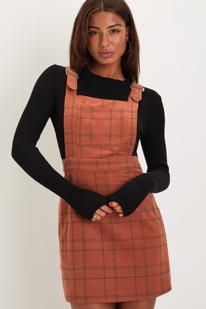 Rust Orange Plaid Dress - Corduroy Dress - Overall Mini Dress