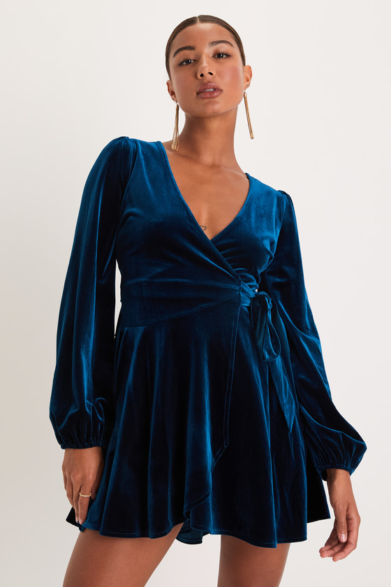 Dark Teal Velvet Dress - Wrap Mini Dress - Long Sleeve Mini Dress - Lulus