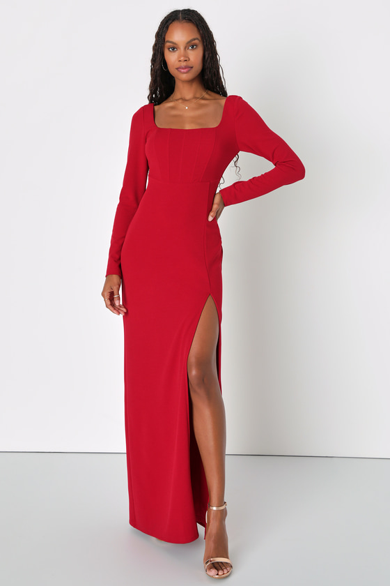 Red Square Neck Dress - Long Sleeve Dress - Corset Maxi Dress - Lulus