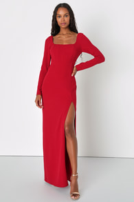 Regal Stunner Red Long Sleeve Corset Maxi Dress