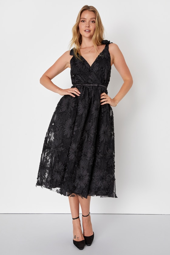 Black Floral Applique Dress - Tie-Strap Midi Dress - A-Line Dress - Lulus