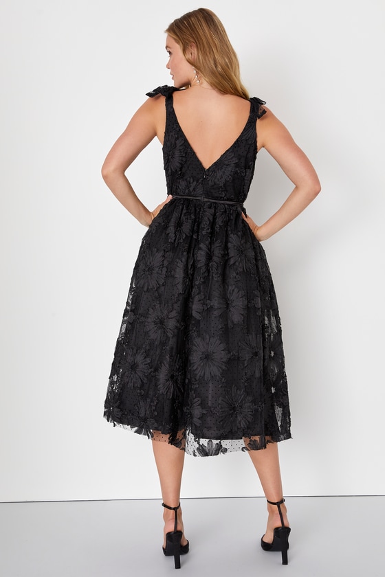 Black Floral Applique Dress - Tie-Strap Midi Dress - A-Line Dress - Lulus