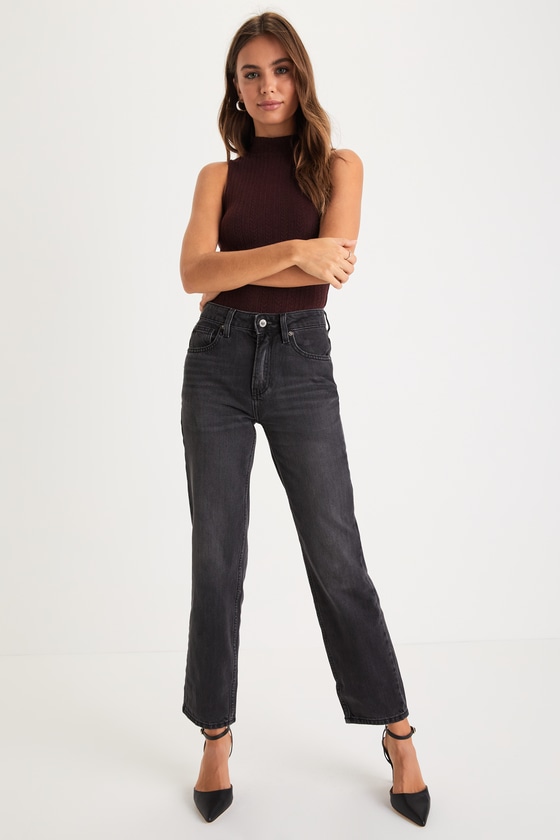 Free People Pacifica Washed Black Denim High-rise Straight Leg Jeans