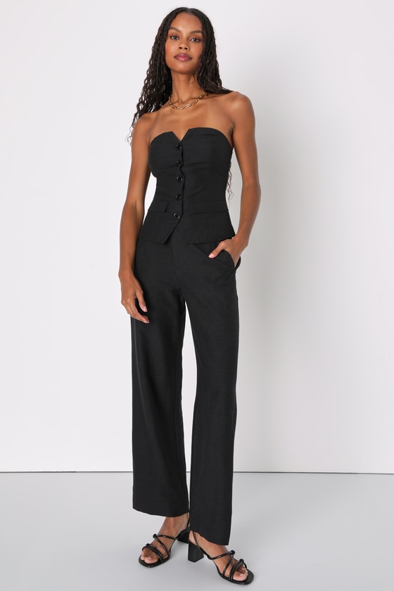 Outstanding Poise Black Linen Strapless Button-Up Vest Top 1