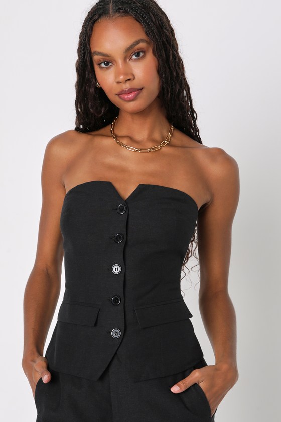 Outstanding Poise Black Linen Strapless Button-Up Vest Top 4