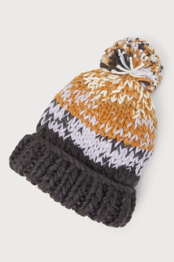 Tide Coal Grey Mutli Stripe Knit Pompom Beanie 3