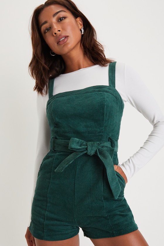 Dark Green Romper Corduroy Romper Cute Belted Romper Lulus