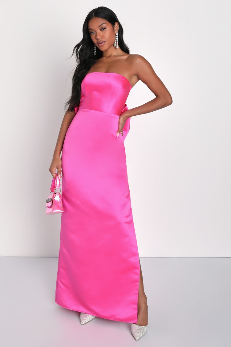 Fabulous Intentions Hot Pink Satin Strapless Bow Maxi Dress