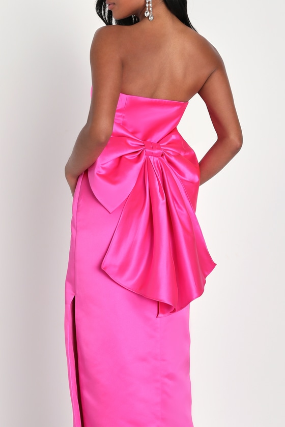 Fabulous Intentions Hot Pink Satin Strapless Bow Maxi Dress 5