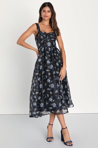 Delightful Look Black Floral Print Bustier Midi Skater Dress
