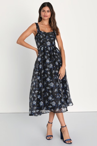 Delightful Look Black Floral Print Bustier Midi Skater Dress