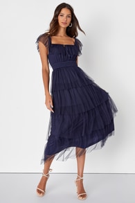 Tier I Come Navy Blue Tulle Square Neck Tiered Midi Dress