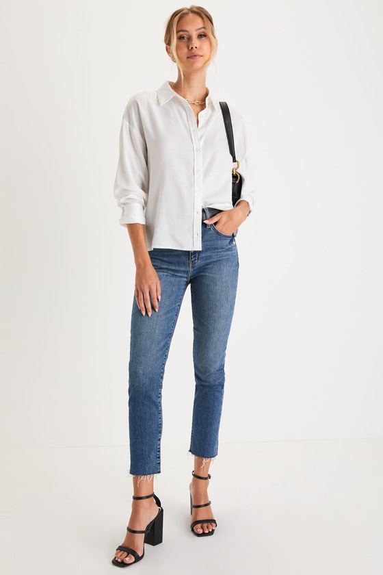 Daze Denim Daily Driver Dark Wash Distressed High Rise Straight Jeans In Blue