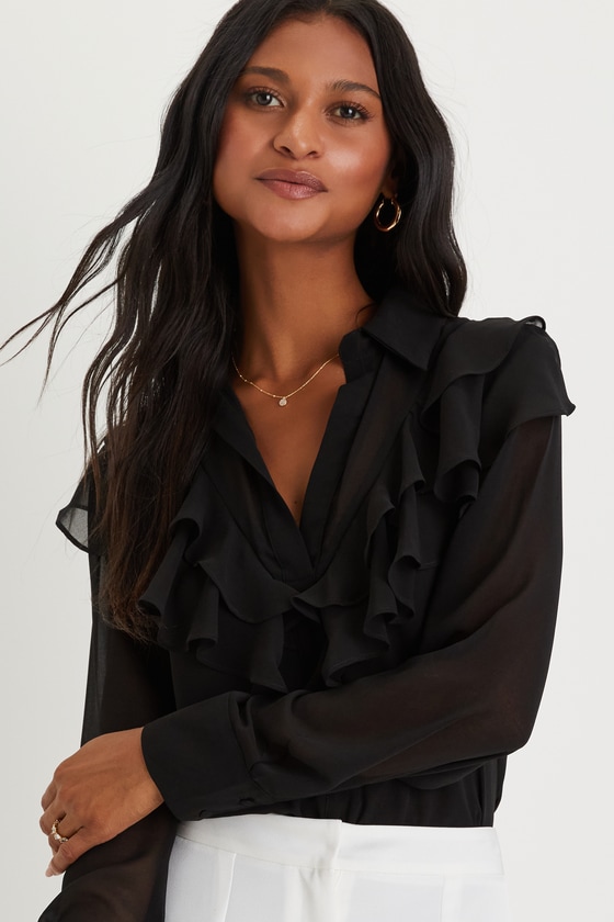 Black Chiffon Top - Ruffled Top - Button-Front Top - Blouse - Lulus