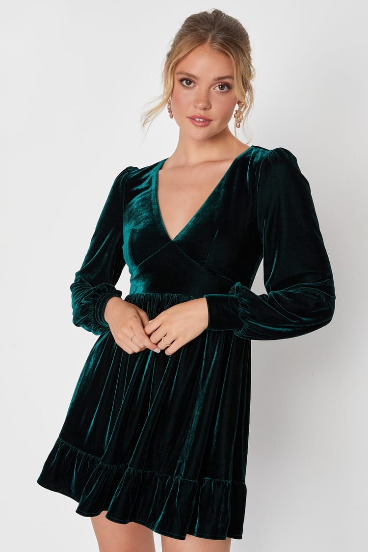 Long Sleeve Short Green Velvet Dress Posh Prestige Emerald Green