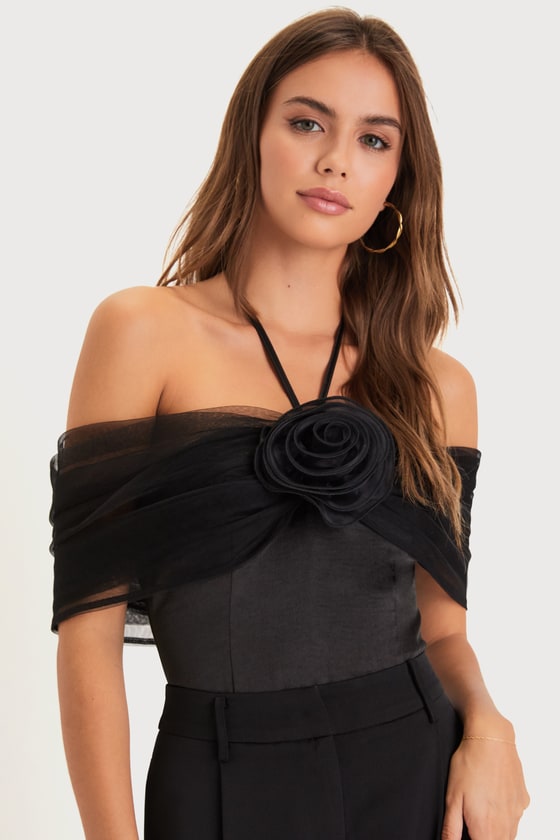 Lulus Trendsetting Moment Black Mesh Rosette Off-the-shoulder Bodysuit