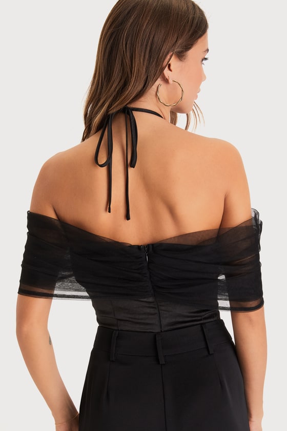 Trendsetting Moment Black Mesh Rosette Off-the-Shoulder Bodysuit - thumbnail 3