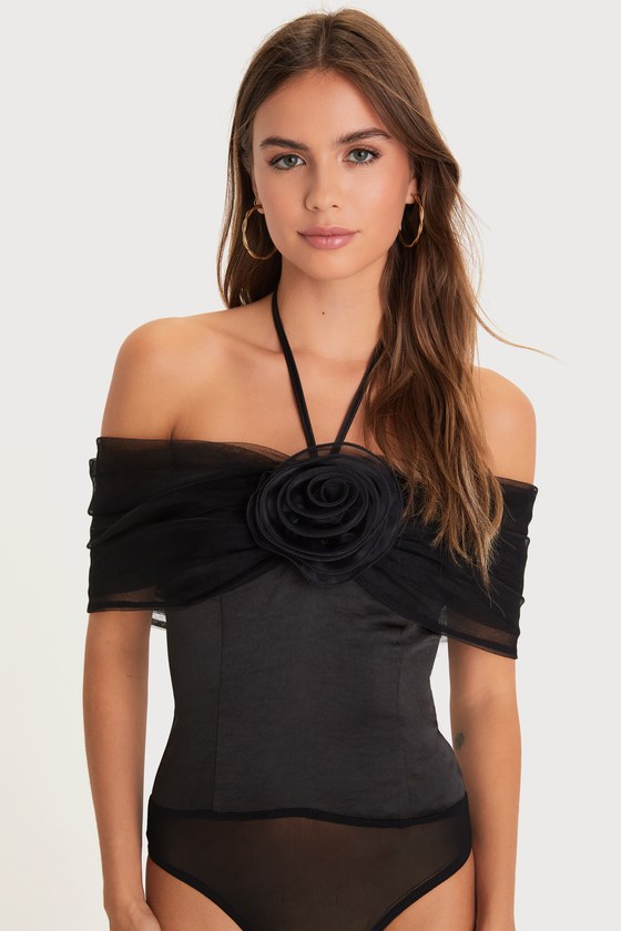Trendsetting Moment Black Mesh Rosette Off-the-Shoulder Bodysuit - thumbnail 4