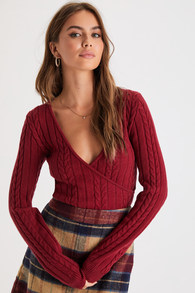 Seasonal Crush Wine Red Cable Knit Surplice Sweater