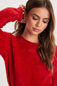 Chilly Moment Red Eyelash Knit Long Sleeve Sweater Top