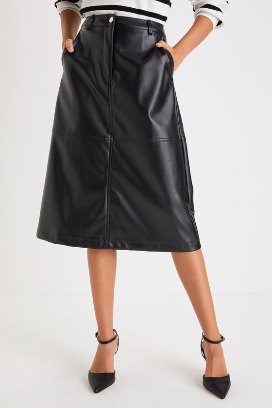Black Midi Skirt - High-Waisted Skirt - Vegan Leather Midi Skirt - Lulus