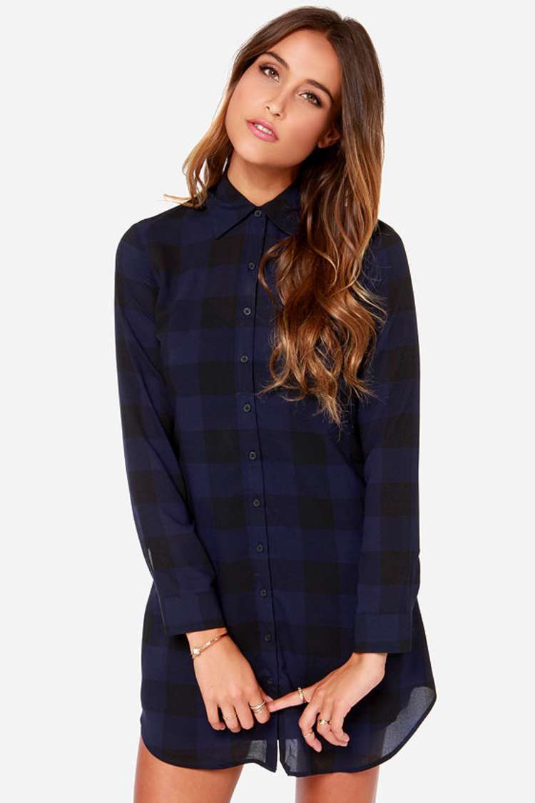 bb dakota shirt dress BB Dakota Ruger Cream and Navy Blue Plaid Shirt Dress