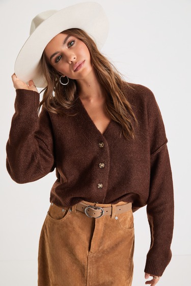 Cozy Ease Heather Brown Button-Up Cropped Cardigan Sweater