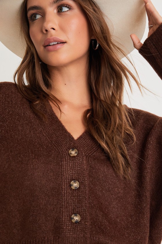 Cozy Ease Heather Brown Button-Up Cropped Cardigan Sweater - thumbnail 4