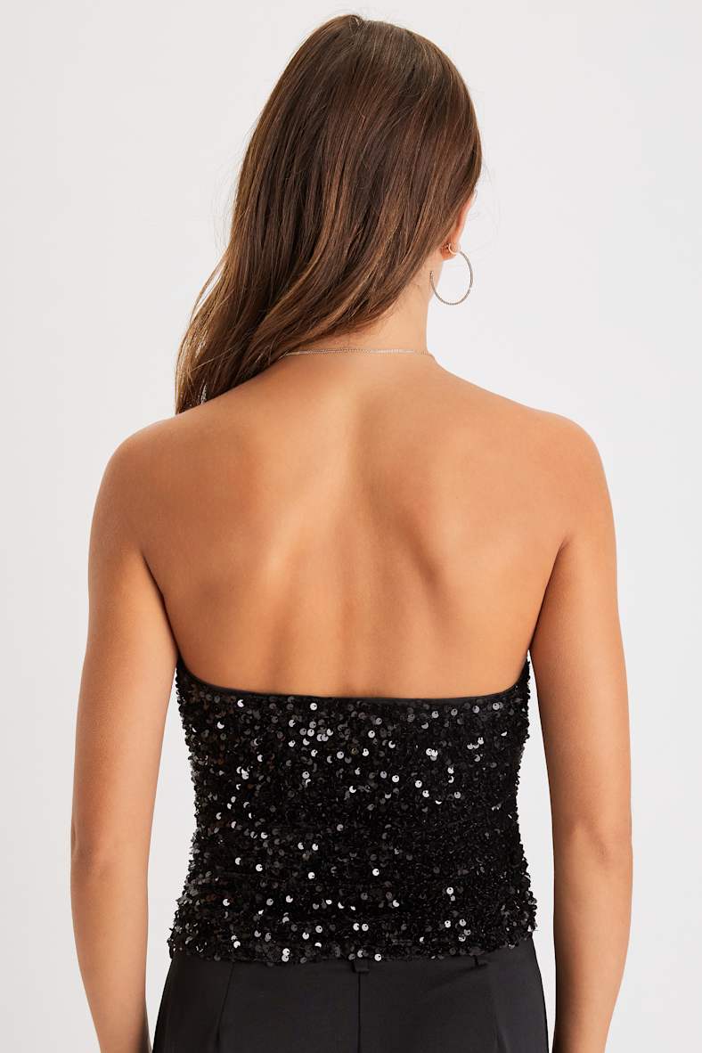Sparkling Influence Black Velvet Sequin Strapless Crop Top