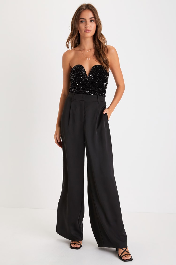 Sparkling Influence Black Velvet Sequin Strapless Crop Top