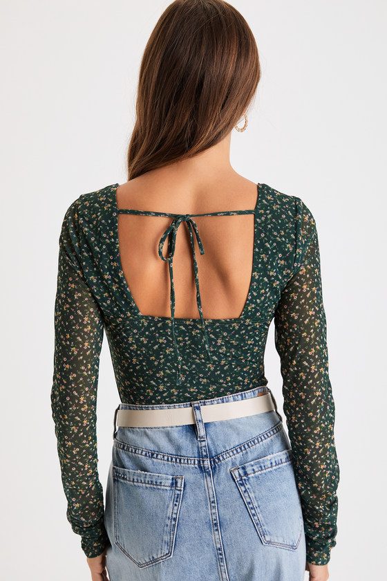 Adoring Desire Green Floral Print Mesh Ruched Bodysuit 2
