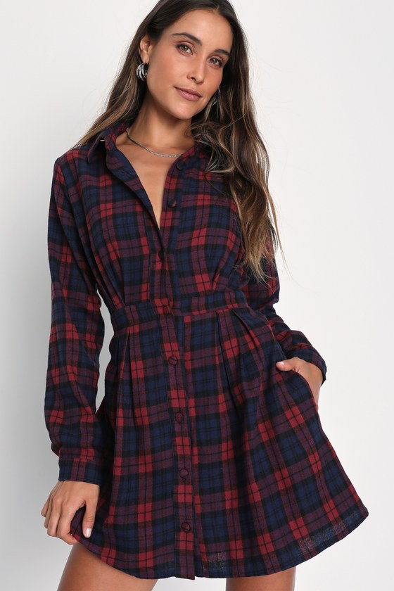 Lulus Autumn Ease Red And Navy Plaid Mini Dress With Pockets