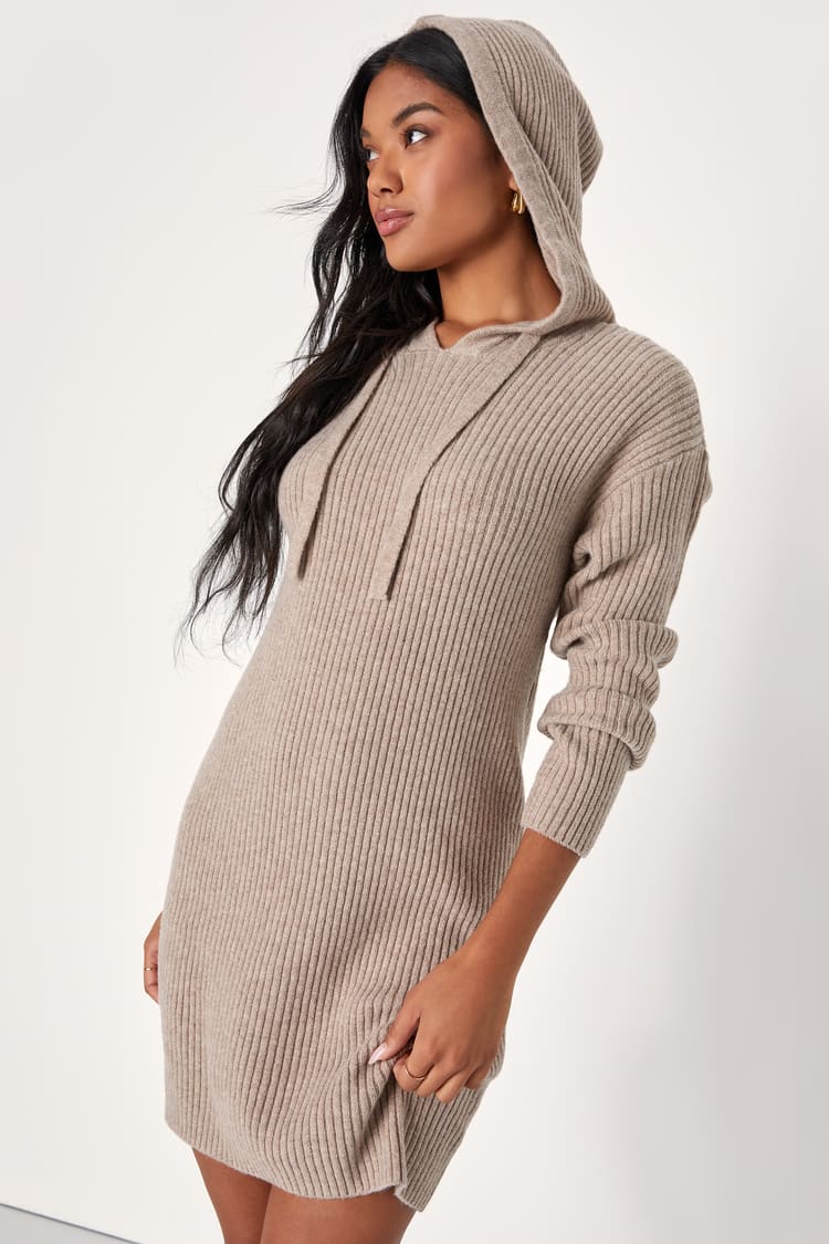 Snuggly Option Heather Taupe Hooded Mini Sweater Dress