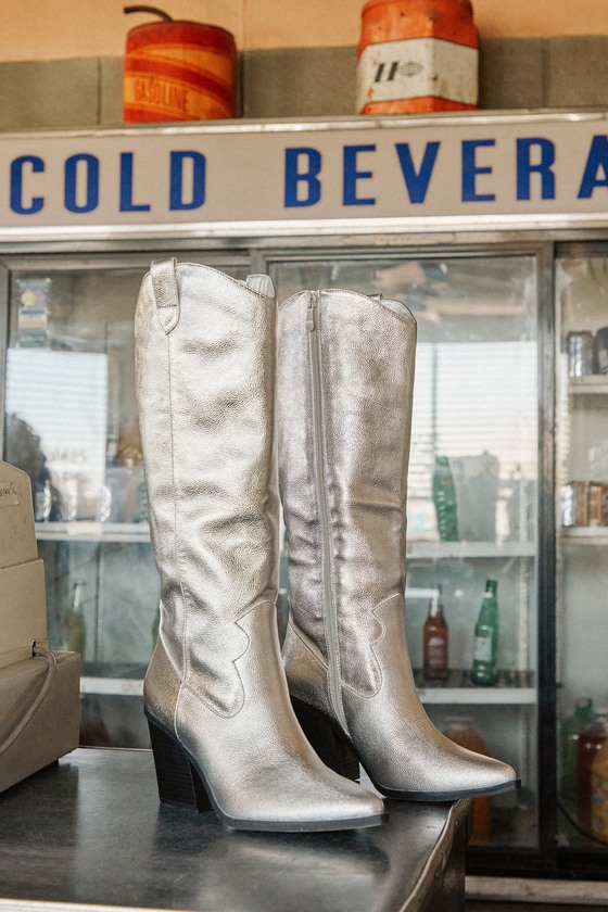 Lulus Rauland Silver Metallic Pointed-toe Knee-high Western High Heel Boots