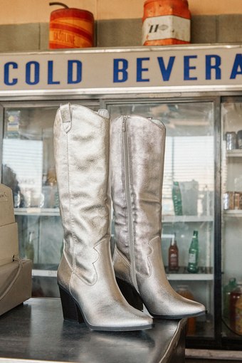 Rauland Silver Metallic Pointed-Toe Knee-High Western Boots