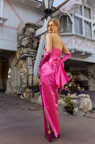 Fabulous Intentions Hot Pink Satin Strapless Bow Maxi Dress