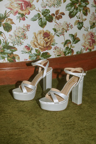 Maisiee White Satin Platform High Heel Ankle Strap Sandals