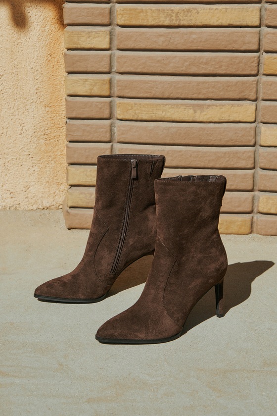 Evander Chocolate Brown Suede Pointed-Toe Mid-Calf Boots 1