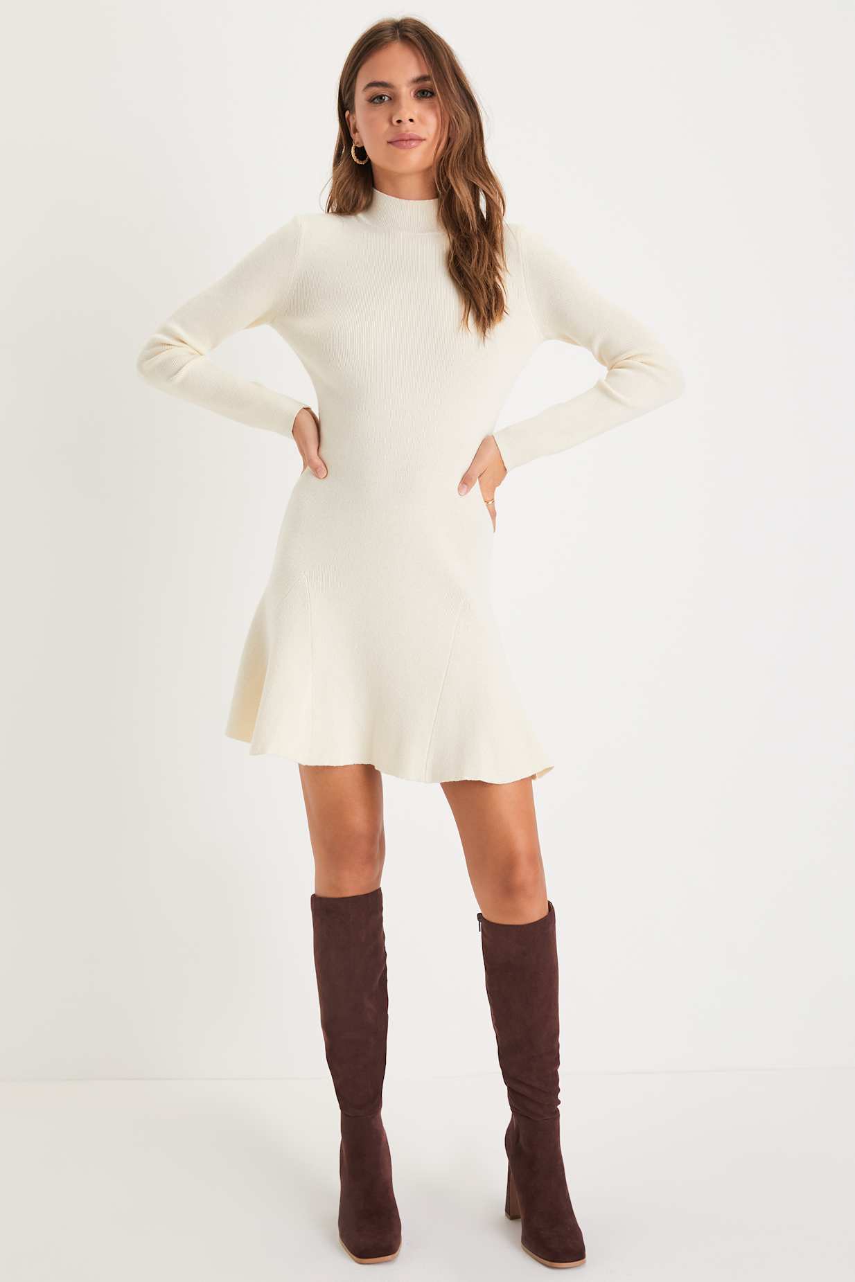 Adorable Intentions Ivory Mock Neck A-Line Mini Sweater Dress
