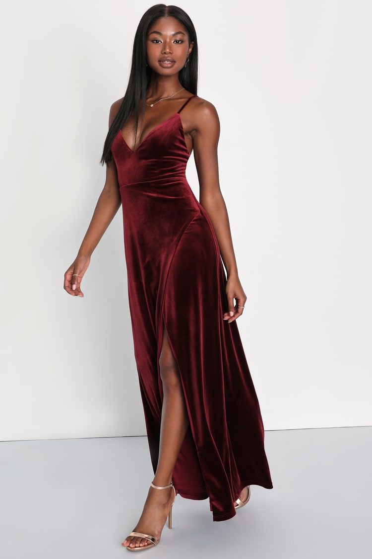 burgundy velvet evening dress