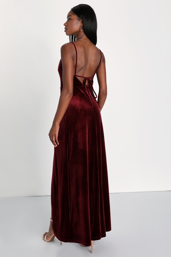 Timeless Radiance Burgundy Velvet Lace-Up Maxi Dress 1