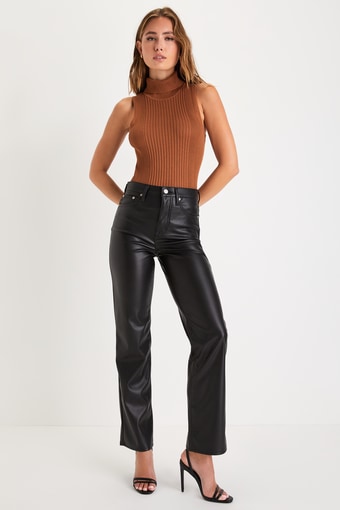 Sundaze Black Vegan Leather High Rise Straight Leg Pants 1