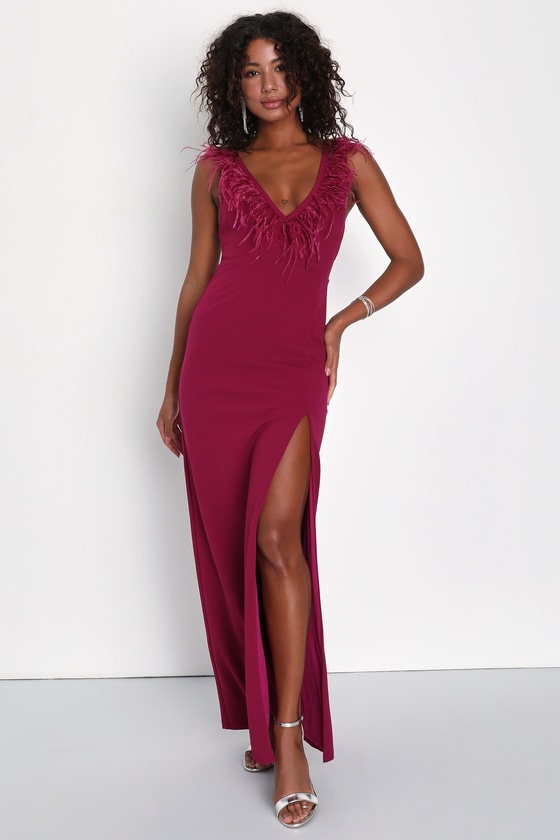 Lulus Sensational Flair Berry Pink Feather Sleeveless Maxi Dress