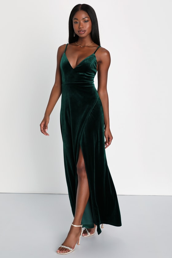 Timeless Radiance Emerald Green Velvet Lace-Up Maxi Dress 1